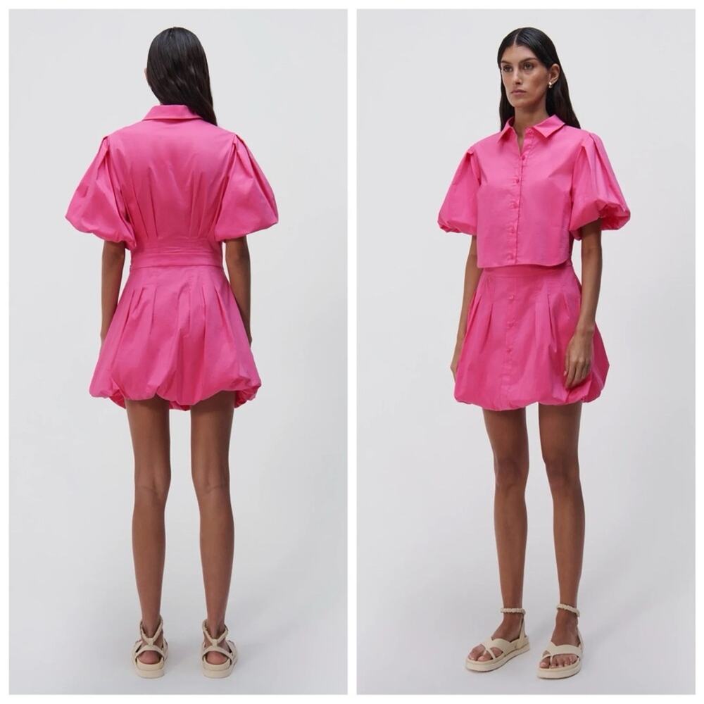 Jonathan Simkhai Sammy Cotton Poplin Puff Sleeve Bubble Hem Shirt Dress Pink